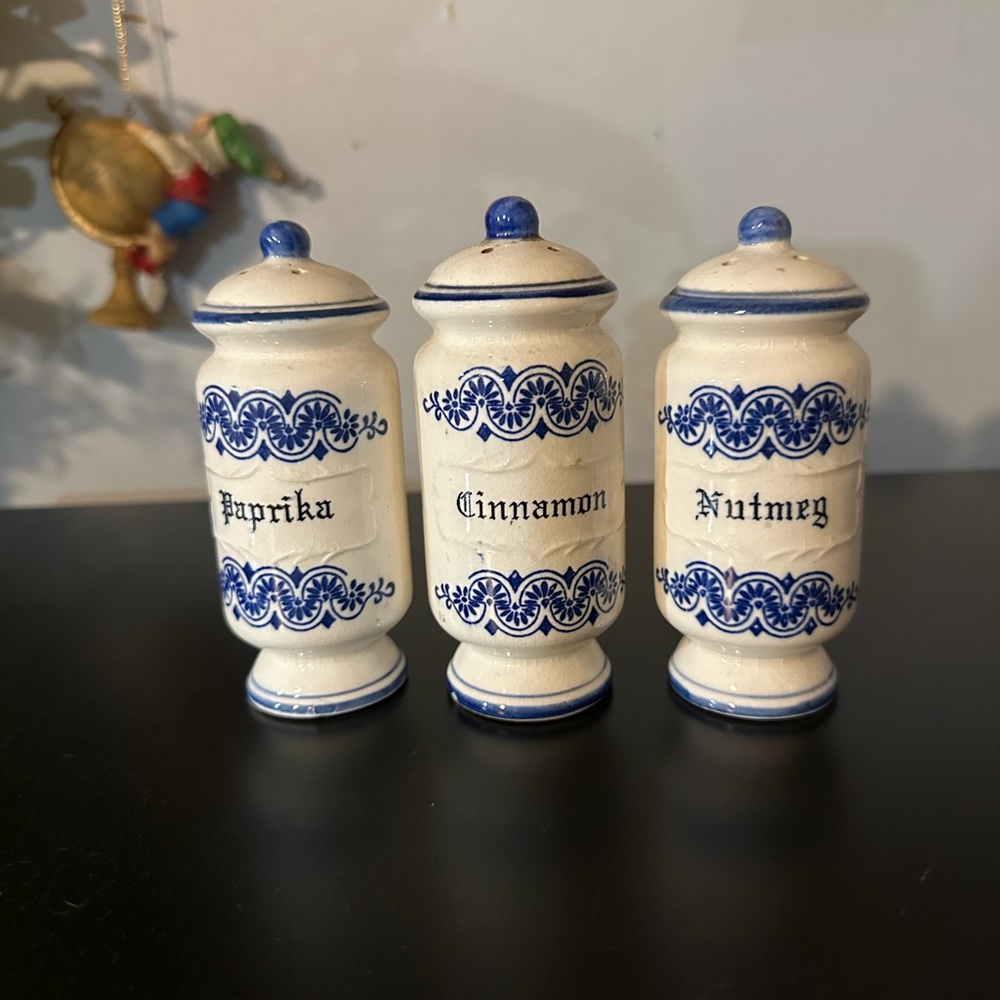 Vintage Blue onion Blue and White Ceramic Spice Jars Set of 3